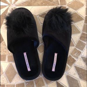 Black Victoria’s Secret Velvet  Pom Pom Slippers